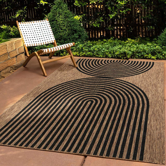 Indoor & Outdoor Rug, weather-resistant, suitable for living room, balcony, kitchen, and terrace. Flat-woven with a sisal-like pattern of boho circles in black. Size: 160x220 cm.