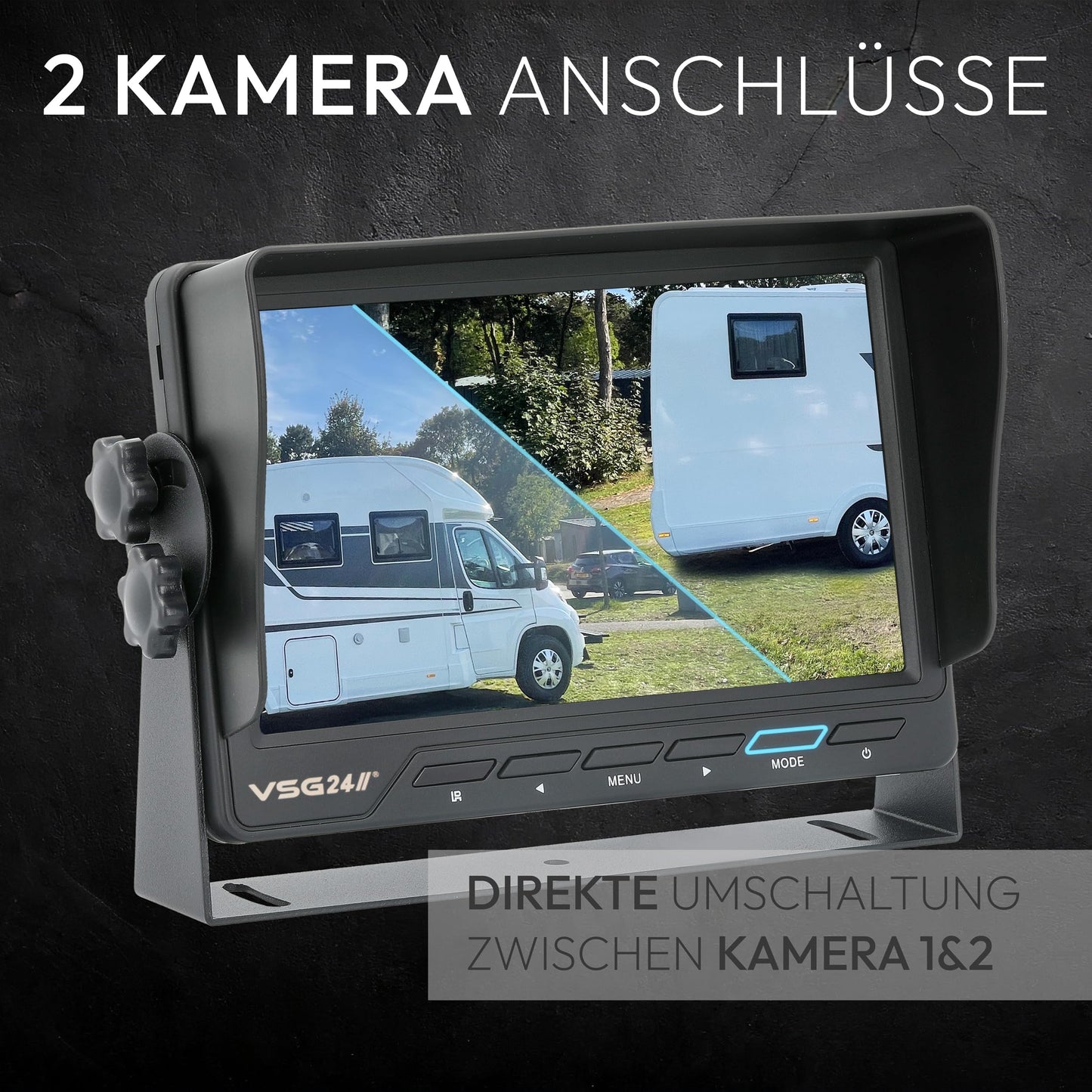 VSG24 Reversing Monitor Master - 7 inch screen, 2 camera inputs, trigger, distance lines, direct select buttons, 12-24V, rear view camera monitor for car, camper van, parking aid, reversing camera cable.