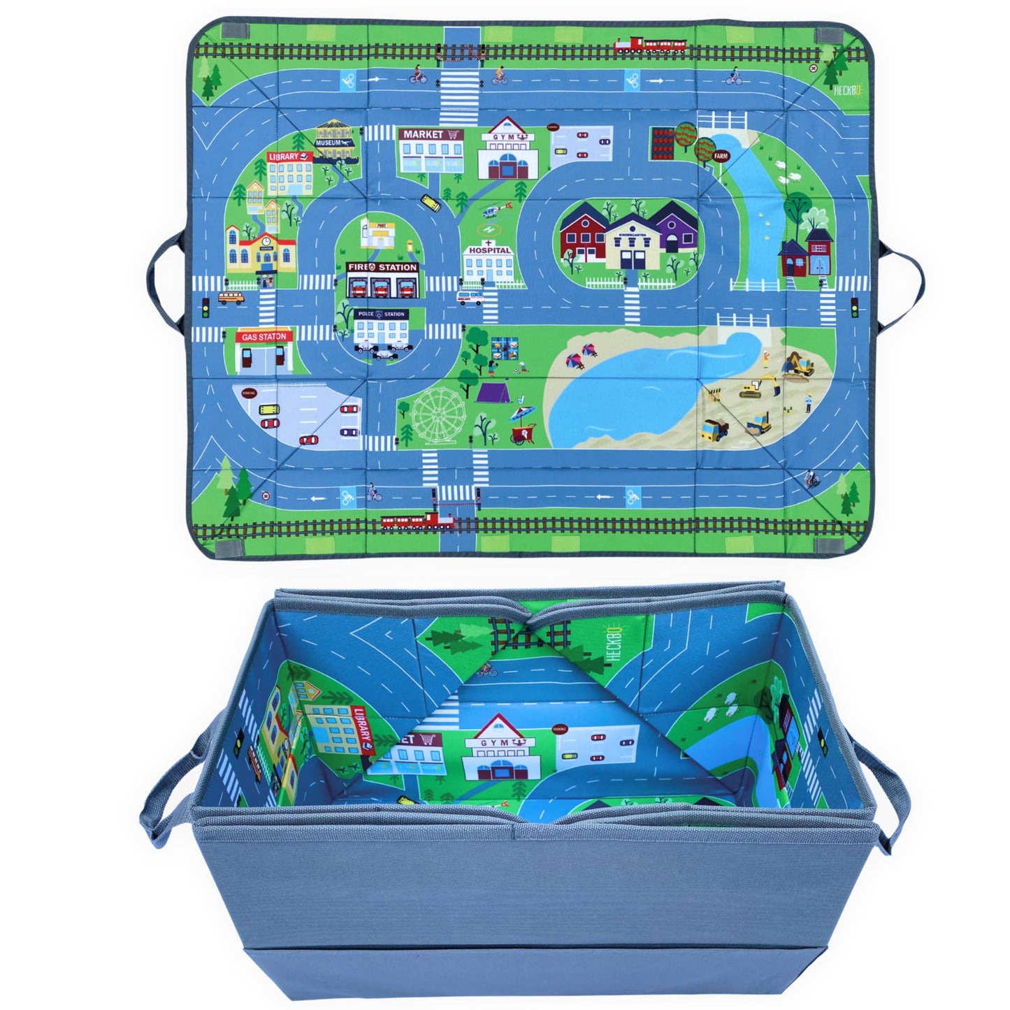 HECKBO 4-in-1 Car Organizer and Play Mat - Kids Toy Storage Box - Foldable mat with street design - Securely attaches in car, 91cm x 72cm.