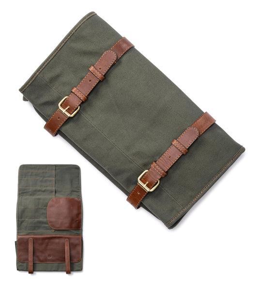 Angus Stoke XXL knife bag with 16 compartments & plenty of storage space – multifunctional & tool bag made of canvas & leather – knife roll Marc (Olive Green)