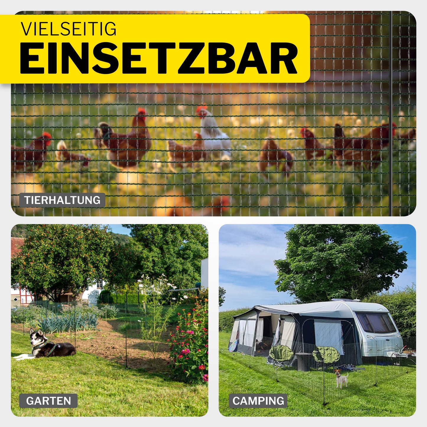 Horizontal boundary fence FIX, mobile fence 25m long, 120cm high, perfect for large pets, dog fence, camping, garden net, including 15 poles, barrier fence, snap-on fence, running area for dogs.
