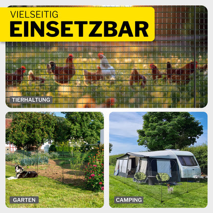 Horizontal boundary fence FIX, mobile fence 25m long, 120cm high, perfect for large pets, dog fence, camping, garden net, including 15 poles, barrier fence, snap-on fence, running area for dogs.