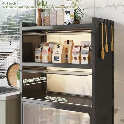 COVAODQ Bakers Rack Kitchen, 5-Tier Stainless Steel Kitchen Shelf, Bakers Rack with Hooks, Kitchen Stand Organizer for Wine, Dishes, Pots with Visible Cover Door (70CM Black), White