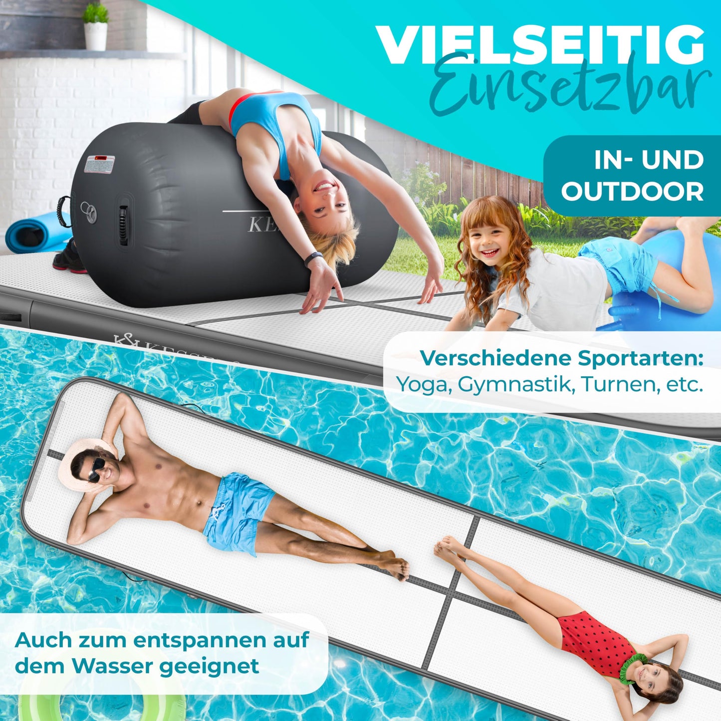 KESSER® inflatable Airtrack fitness mat gymnastics mat | incl. carrying bag & electric air pump | yoga mat, tumbling mats, training mat (anthracite, 300 x 100 x 10 cm)