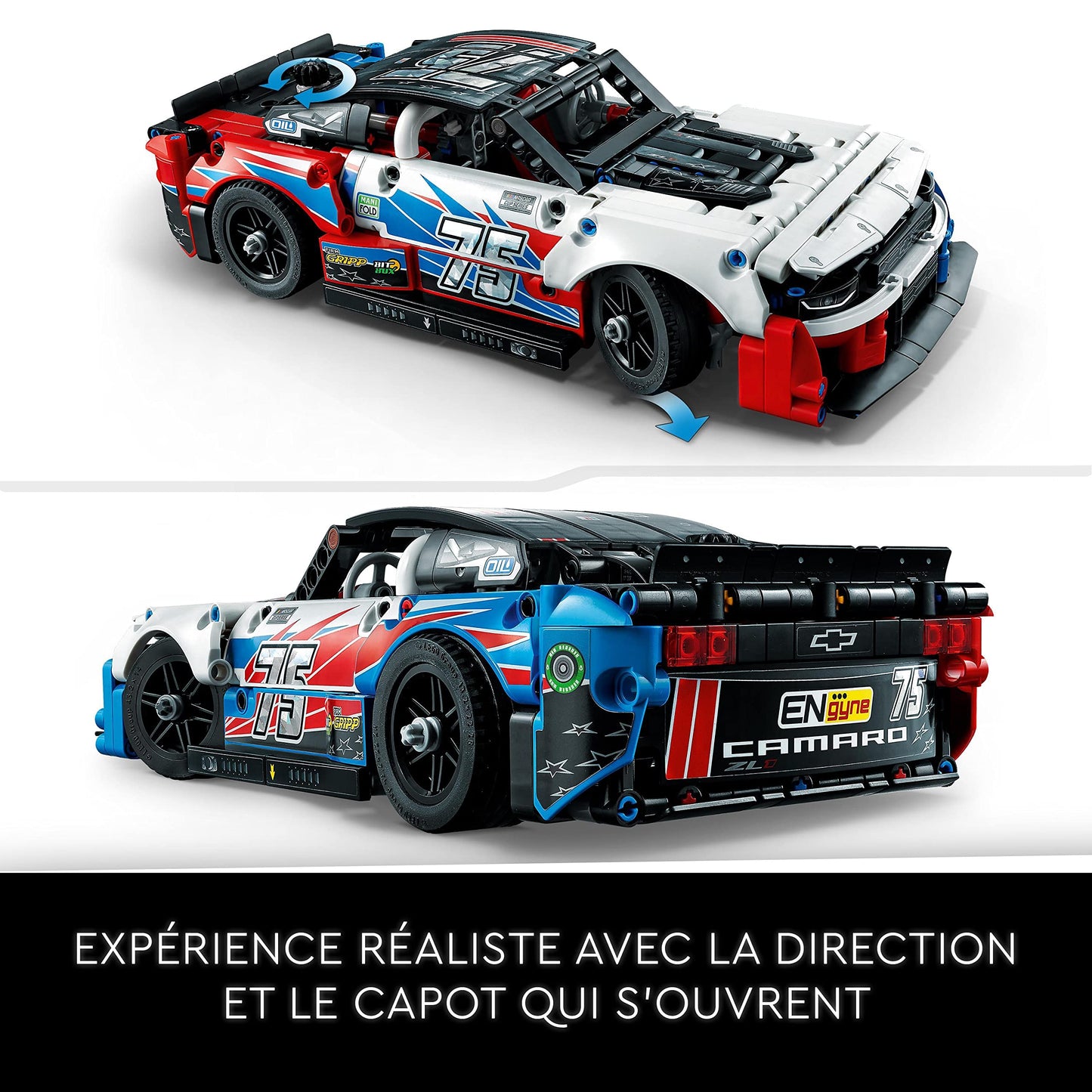 LEGO Technic Lamborghini Huracán and Technic NASCAR Next Gen Chevrolet Camaro ZL1 model car kits. Racing toy sets for collectors. Kit number 42153.
