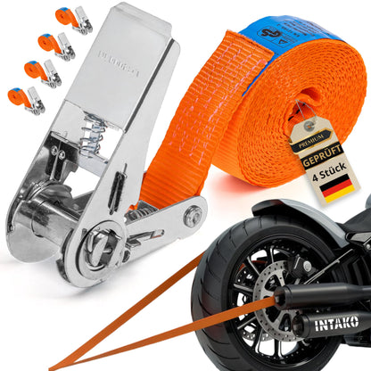 INTAKO 4-piece ratchet tie-down straps (4m or 6m) - 800kg 25mm - TÜV & DIN certified - Small one-piece tie-down strap - Ratchet strap for motorcycles