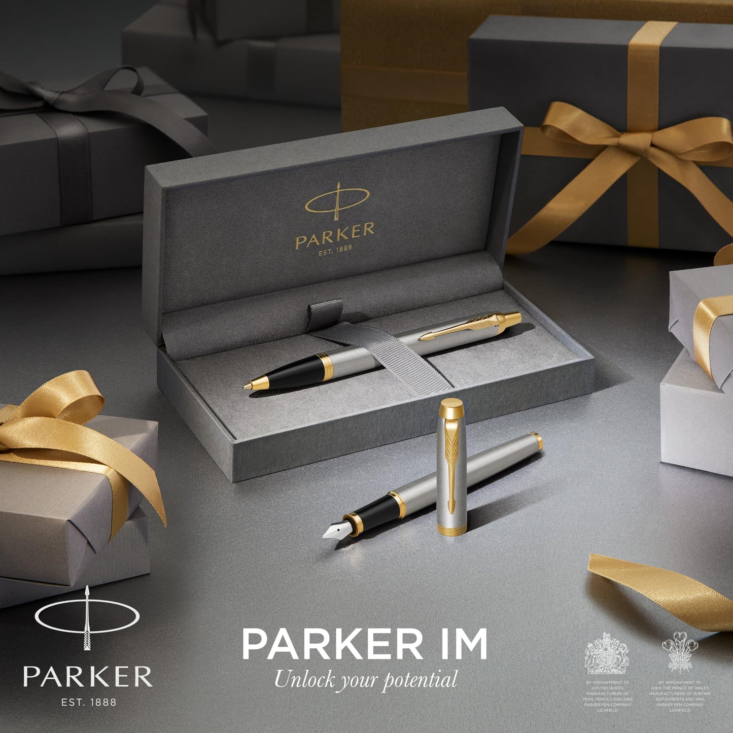 Parker IM Duo Gift Set with Ballpoint Pen & Rollerball | Brushed Metal with Gold Trim | Refills in black | Gift Box