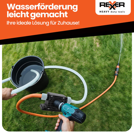 REXXER Water Pump (Set) - Drill pump/Cordless screwdriver pump - ready for immediate use with 2m hose, clamps, & 2x hose couplings (900 l/h)