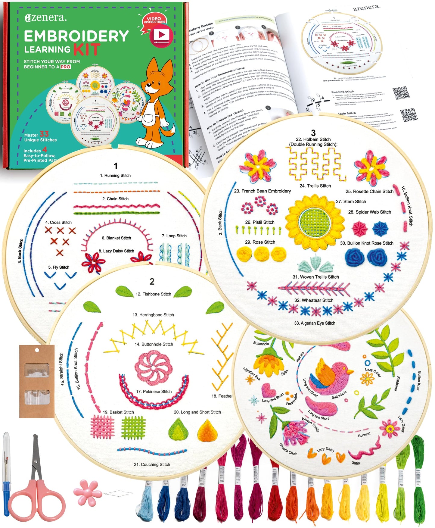 Azenera Embroidery Kit for Beginners - Complete set with video instructions, 4 patterned fabrics, threads, bamboo hoop & tools - Easy way to learn Embroidery (AZA100)