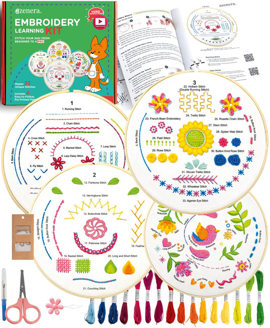 Azenera Embroidery Kit for Beginners - Complete set with video instructions, 4 patterned fabrics, threads, bamboo hoop & tools - Easy way to learn Embroidery (AZA100)