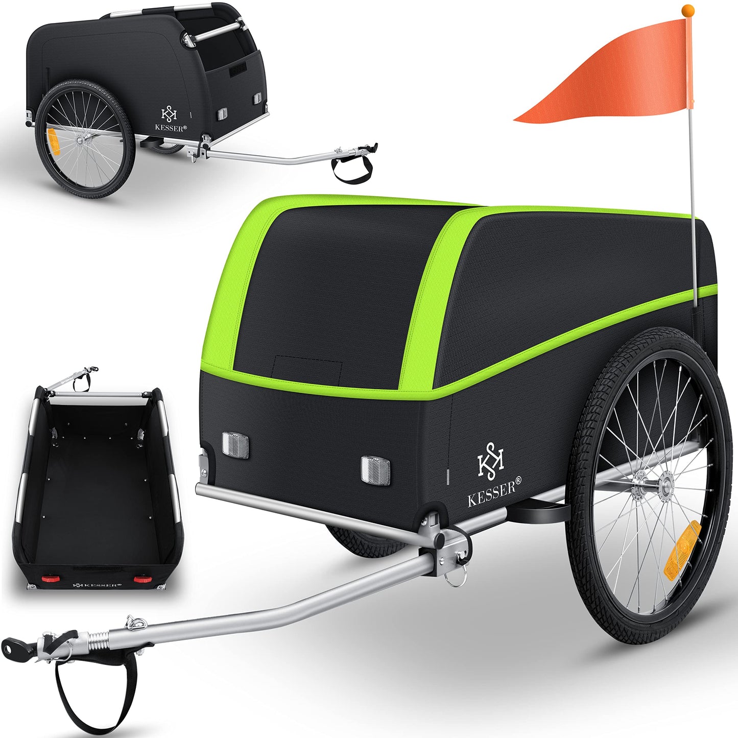 KESSER® bicycle trailer cargo trailer transport trailer high drawbar with coupler, incl. cover folding function high drawbar attaches to bicycle transport box with 120 liters max. 40 kg light green