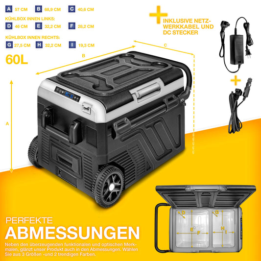 tillvex® Compressor Cooler Box electric 40-60 liters | Electric Freezer Box WIFI-APP control 12/24 V 230V | Refrigerator up to -20 °C for car, truck, camping (Black, 60 liters)