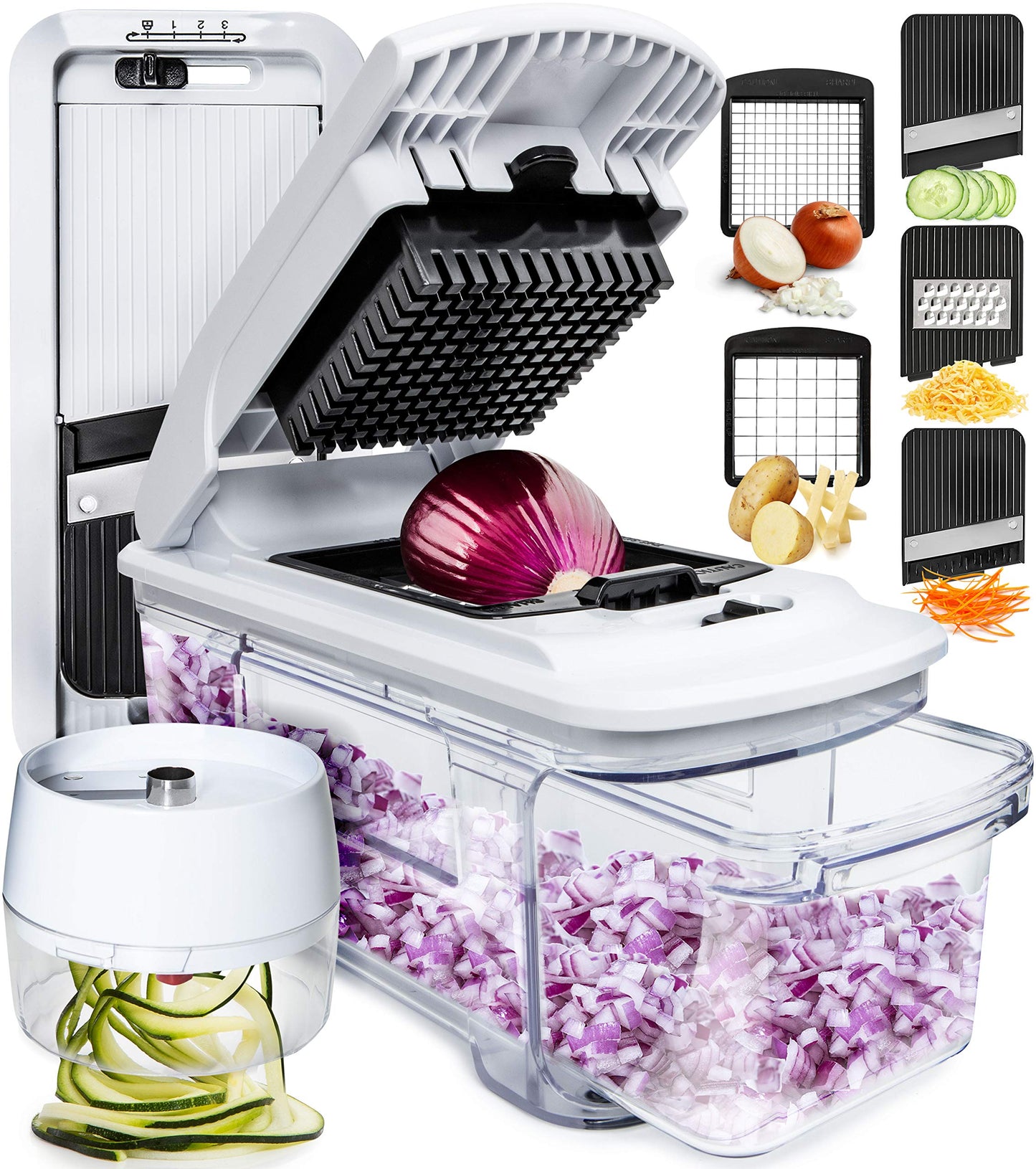 Vegetable slicer mandolin vegetable cutter - vegetable slicer cucumber slicer onion slicer potato slicer fruit slicer - grater for vegetables and cheese - julienne slicer (All-in-1 White)