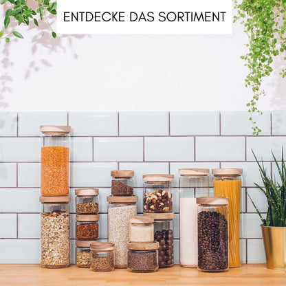 Econovo® storage jars with lid 300ml (4 pieces), glass containers with lid set, glass storage jars for storing muesli, pasta, coffee, storage jars with wooden lid.