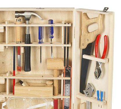 Leomark Deluxe Wooden Toolbox for Kids - 50 piece tool set, compact tool case, wooden cabinet with accessories, wooden box with metal accessories.