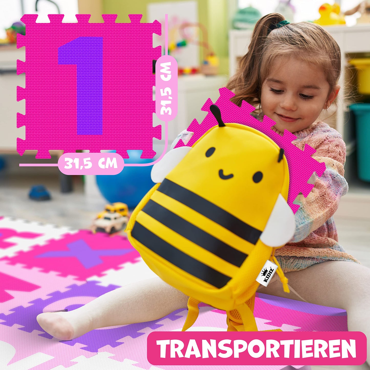 KIDIZ® Play Mat 86-Piece Play Carpet Puzzle Mat Kids Carpet Protective Mat Children's Play Carpet Foam Mat ABC Learning Carpet Puzzle Carpet Puzzle Numbers Letters Size per Mat approx. 31.5x31.5cm Pink