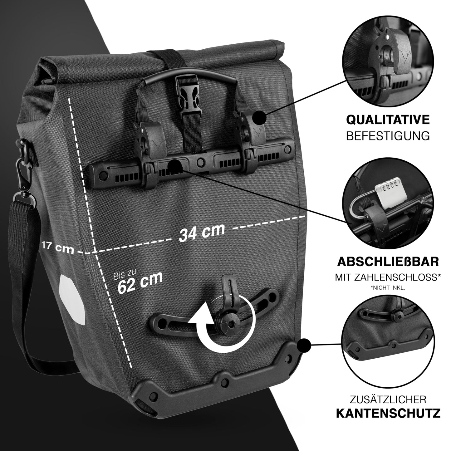 Valkental® Large & Waterproof Rear Bike Rack Bag [28L] Lockable Attachment [PVC free] Bike Bag with Large Reflectors - Includes Shoulder Strap & Inner Compartments - Tested Quality