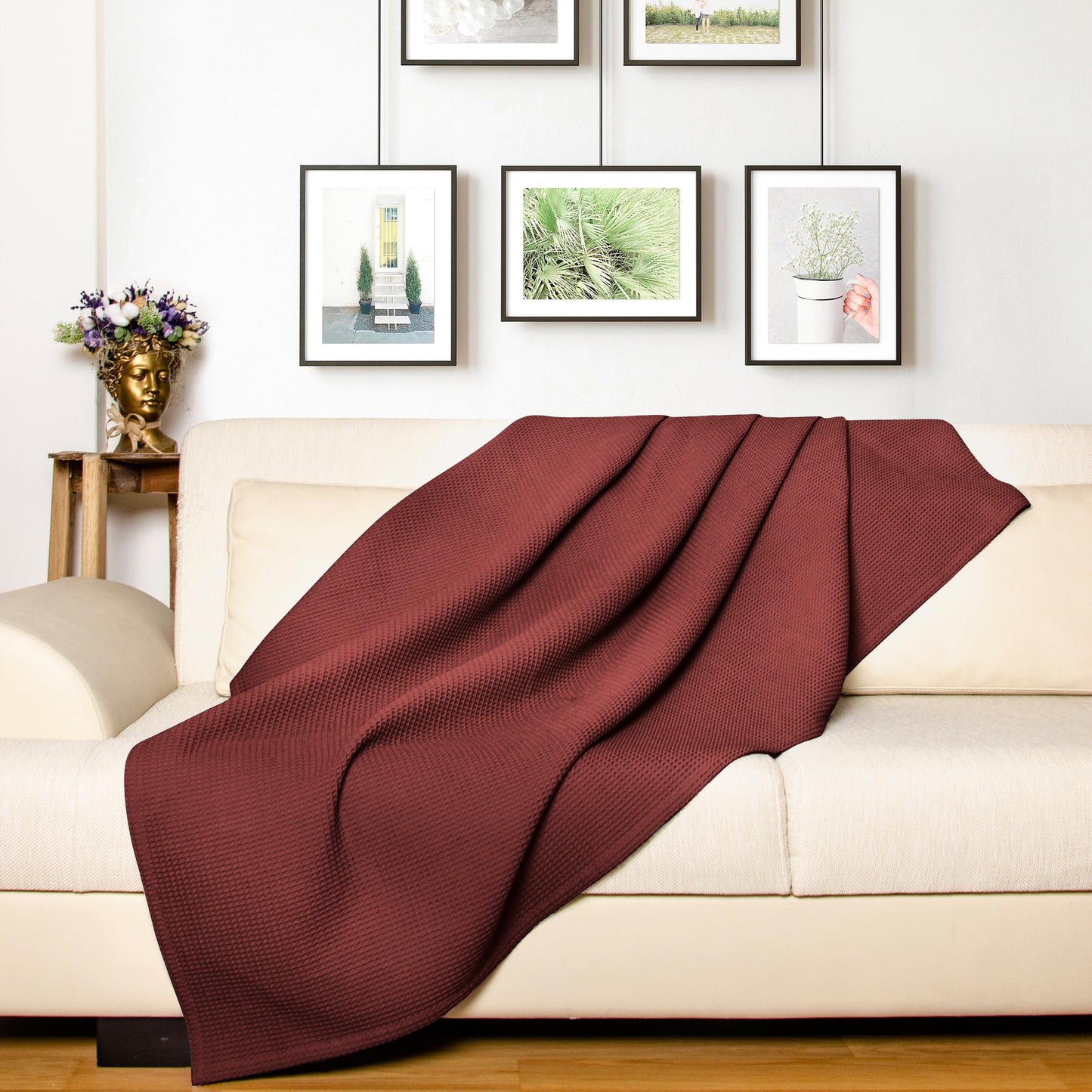 LAYNENBURG Premium daybed 240 x 260 cm XXL - waffle pique 100% cotton - light summer cover waffle pattern - cotton bed throw, sofa throw, couch throw - sofa blanket (mahogany)