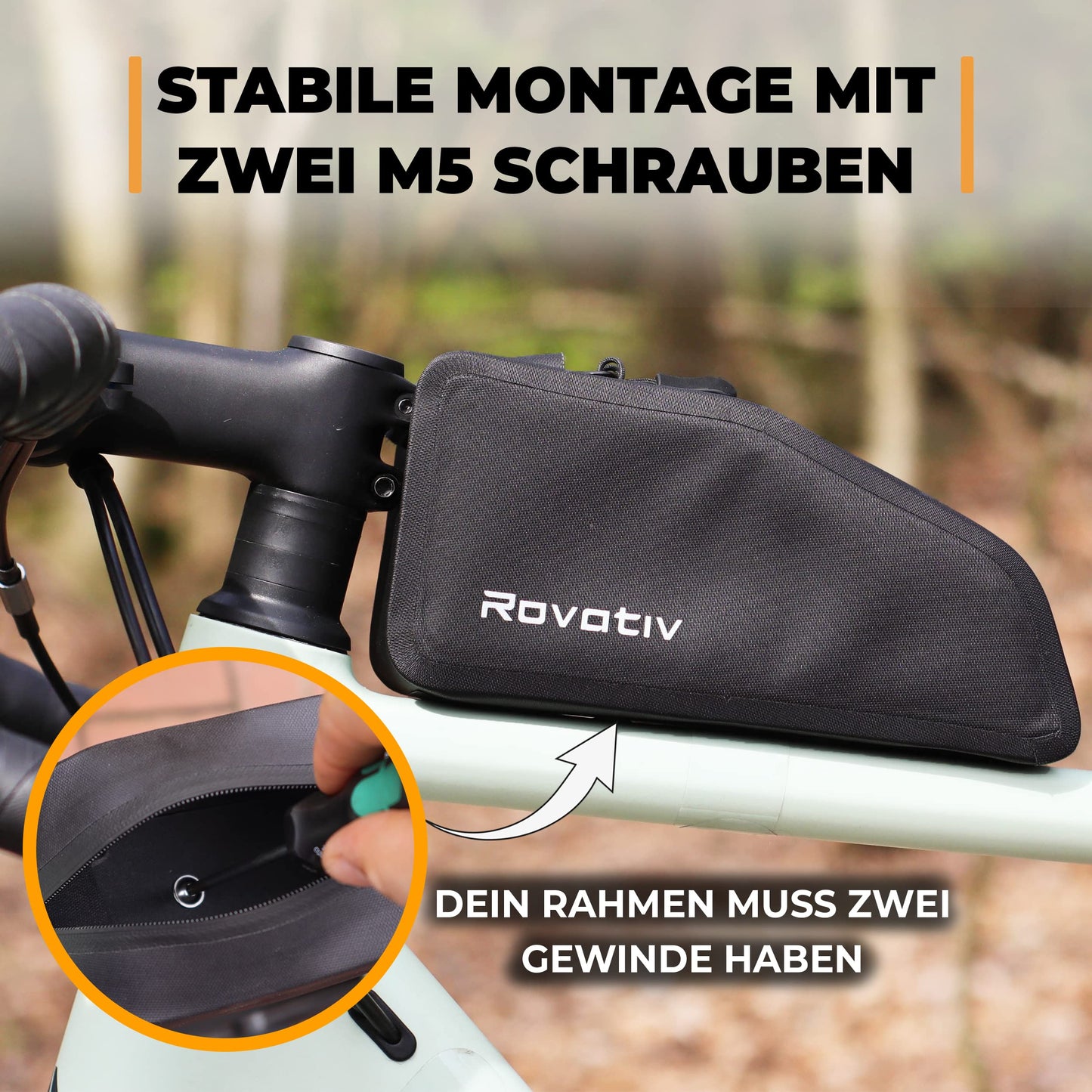 Rovativ® bolt-on bikepacking top tube bag [1 liter] 100% waterproof - frame bag for gravel bike, road bike, and MTB.