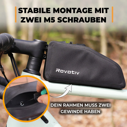 Rovativ® bolt-on bikepacking top tube bag [1 liter] 100% waterproof - frame bag for gravel bike, road bike, and MTB.