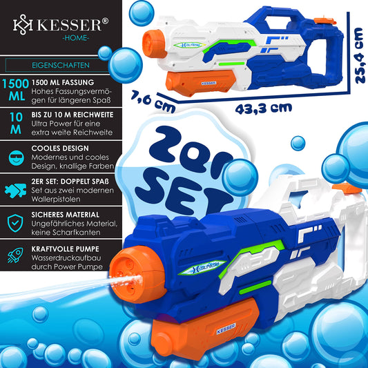 KESSER® Water Gun 2 Pack Water Pistols Squirt Guns Range 10-11 Meters, Capacity 1500ml Water Fun Beach Outdoor Toy for Kids and Adults Beach Pool, Blue/White