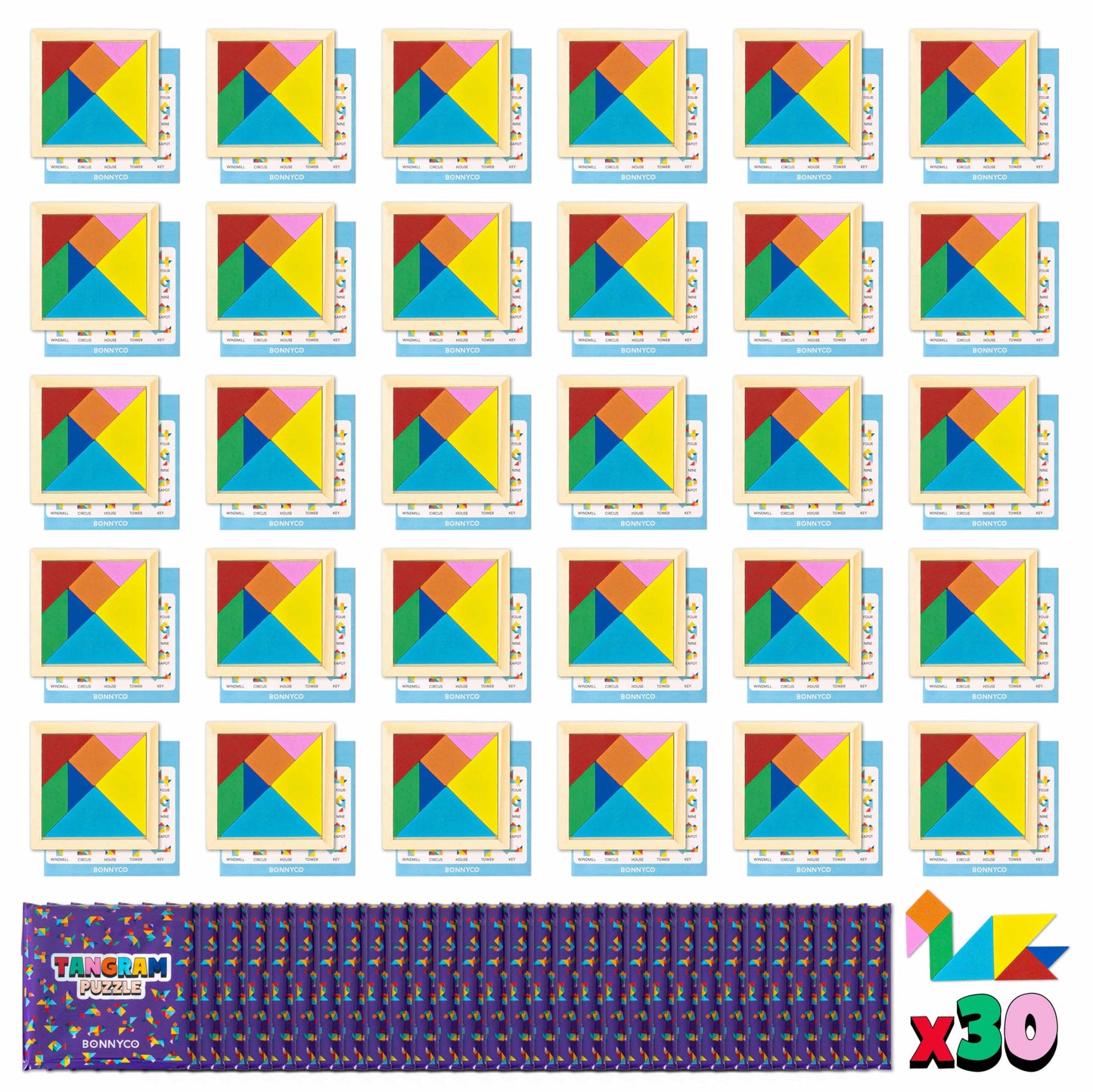 Tangram Children Party Favors Birthday Gifts 30 Pieces - BONNYCO | Tangram Puzzle Small Gifts for Kids | Giveaways Party Favor Set | Pinata Fillers Mini Toys