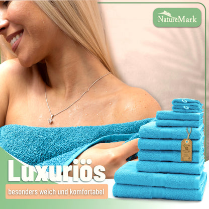 GREEN MARK 10-piece terry towel set with various sizes: 4 hand towels, 2 bath towels, 2 guest towels, 2 washcloths. Color: Turquoise. Premium quality.