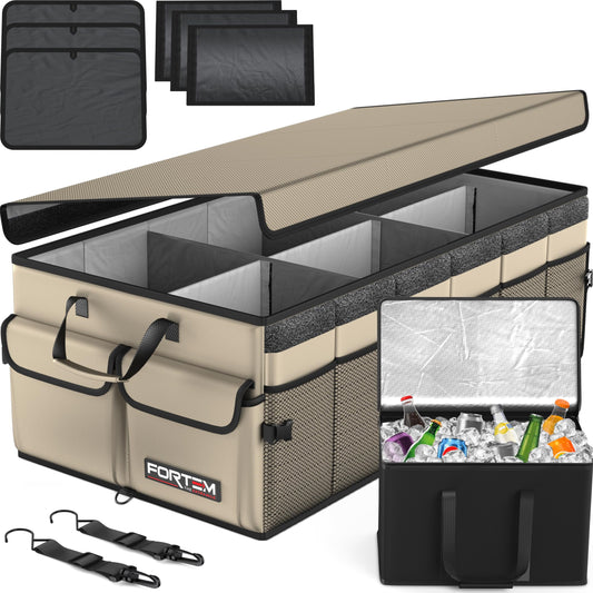 FORTEM Trunk Organizer with Cooler, Collapsible Multiple Compartments, Foldable SUV Storage for Car Accessories for Women, Non-Slip Bottom, Securing Straps, Cover (Beige)