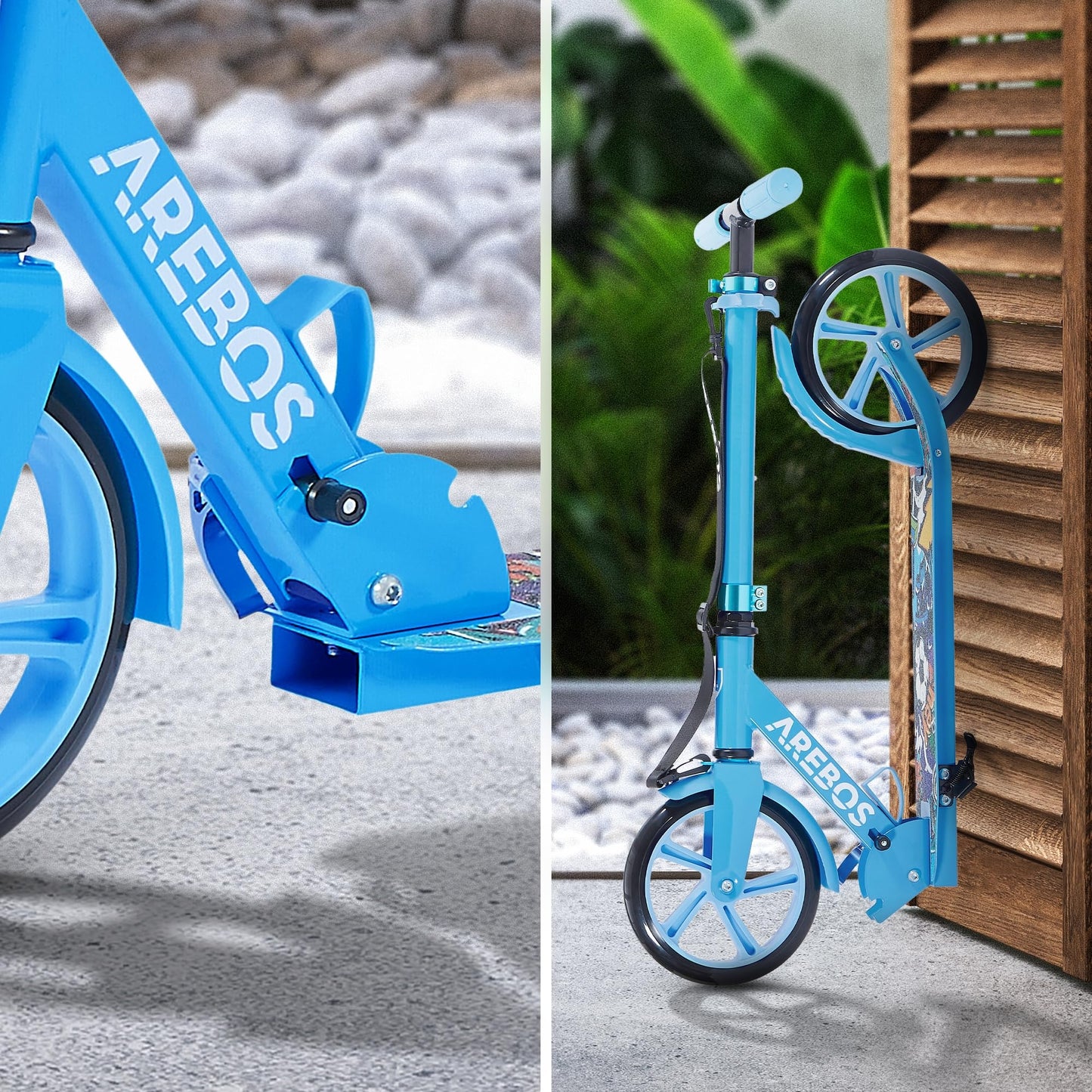 Arebos City Scooter Kick Scooter Blue | Adjustable height | Foldable | Includes carrying strap | XXL wheels | Foot brake | For children and adults | Up to 100kg weight capacity | Kick scooter | Kickscooter