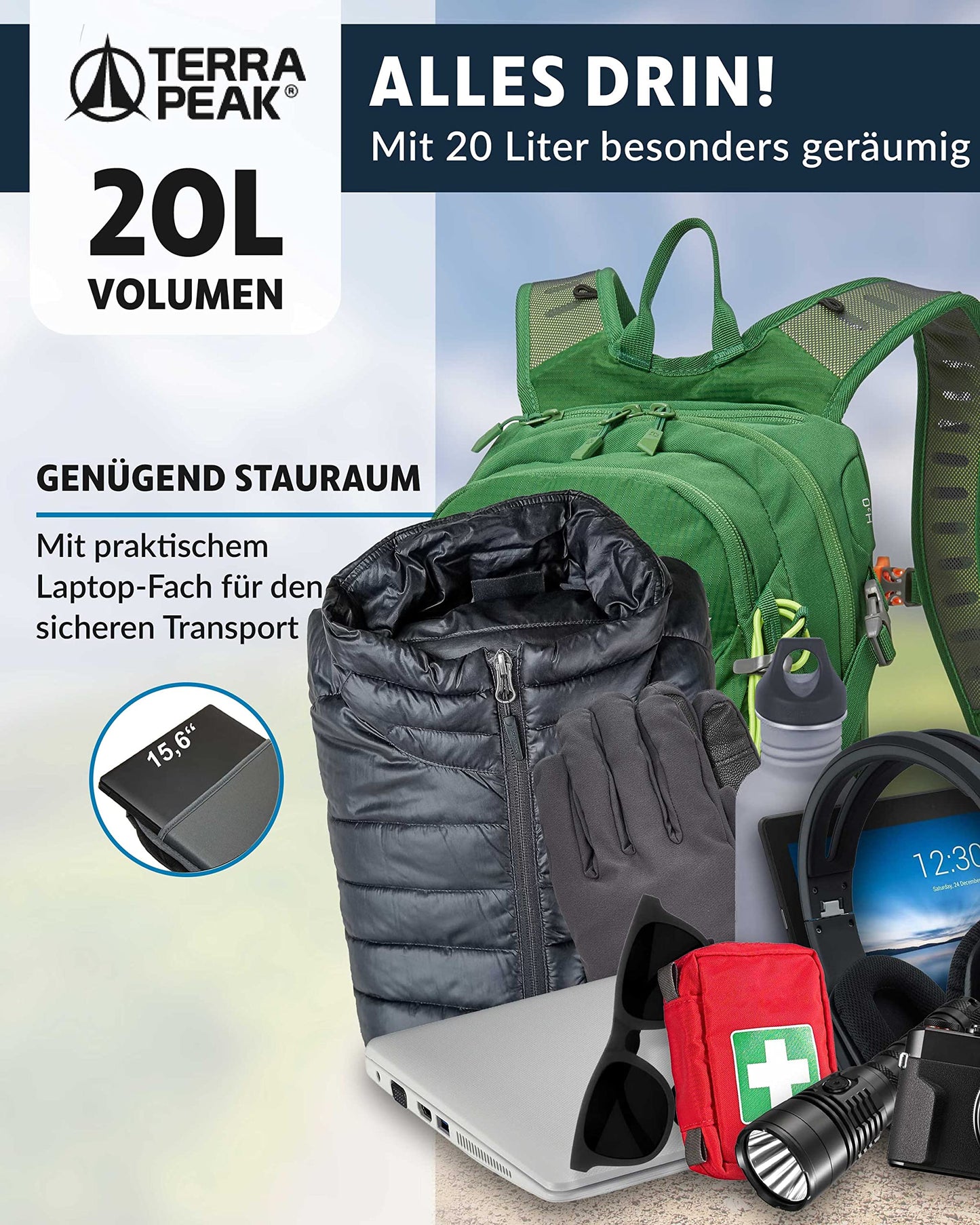 Terra Peak hiking backpack 20L for men and women in green - small and waterproof, perfect for trekking, biking, and outdoor sports. Includes hydration system and hip belt for travel and hiking adventures.