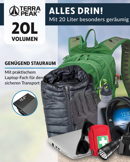 Terra Peak hiking backpack 20L for men and women in green - small and waterproof, perfect for trekking, biking, and outdoor sports. Includes hydration system and hip belt for travel and hiking adventures.