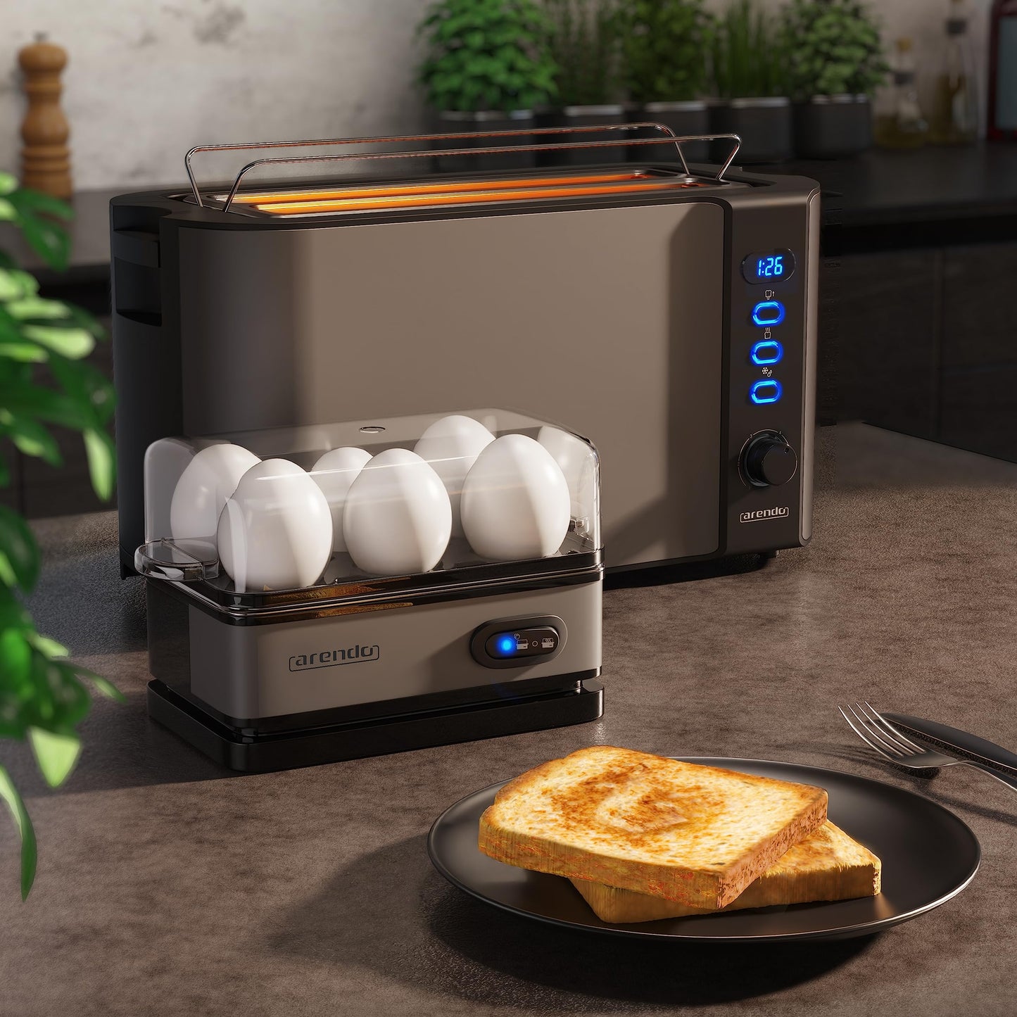 Arendo - SET egg cooker SIXCOOK with toaster FRUKOST stainless steel Cool Grey, Toaster 4 slices, LED display, 6 browning levels, bun holder - Egg cooker 1-6 eggs, measuring cup