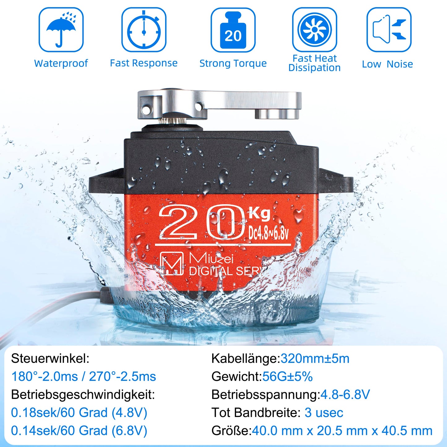 Miuzei steering servo RC digital servo 20KG 270° waterproof steering with metal gears for 1/10 1/8 scale models toys airplane robot arm wing car boat model building (3 pieces)