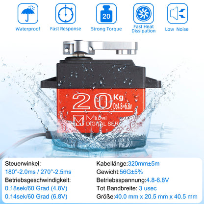 Miuzei steering servo RC digital servo 20KG 270° waterproof steering with metal gears for 1/10 1/8 scale models toys airplane robot arm wing car boat model building (3 pieces)