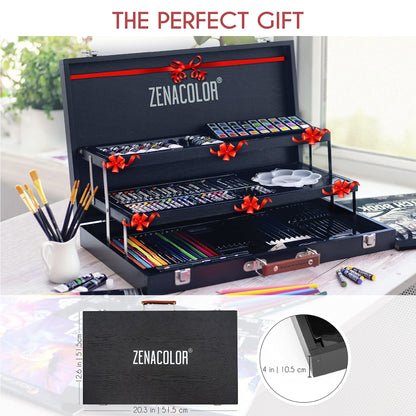 Zenacolor art set for adults (XXL) - 150-piece wooden case painting kit for artists - complete drawing and painting set - pastel chalk, acrylic paints, wax crayons, watercolor paints, pencils - 4 blocks