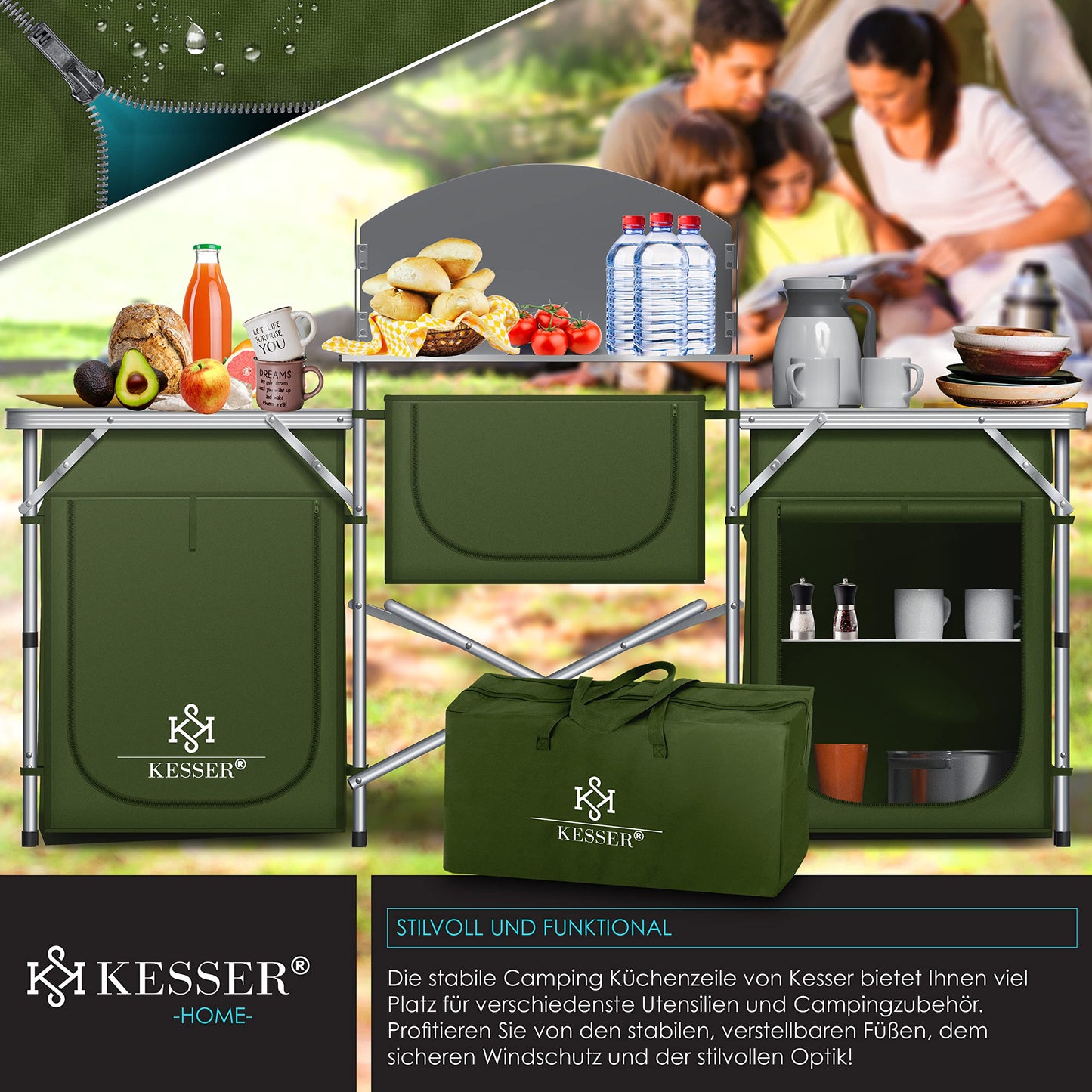 KESSER® camping kitchen | Includes carrying bag & cup set | Folding camping cabinet | with aluminum frame | Travel kitchen | Kitchen box | Tent cabinet | Outdoor camping kitchen | Khaki | Type Big
