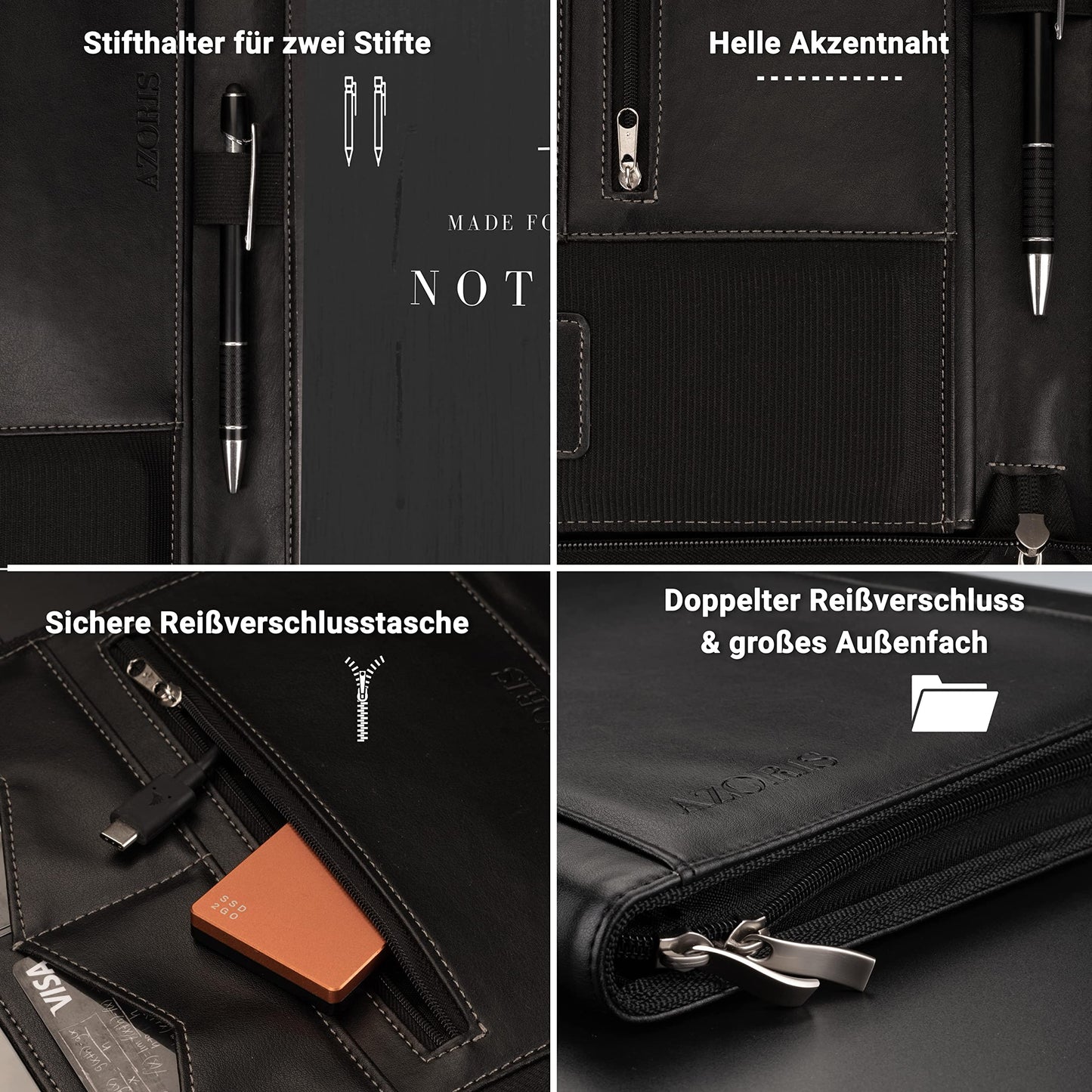 AZORIS PREMIUM® A4 premium folder with double zipper and 13-inch tablet compartment, professional faux leather conference folder for men and women.
