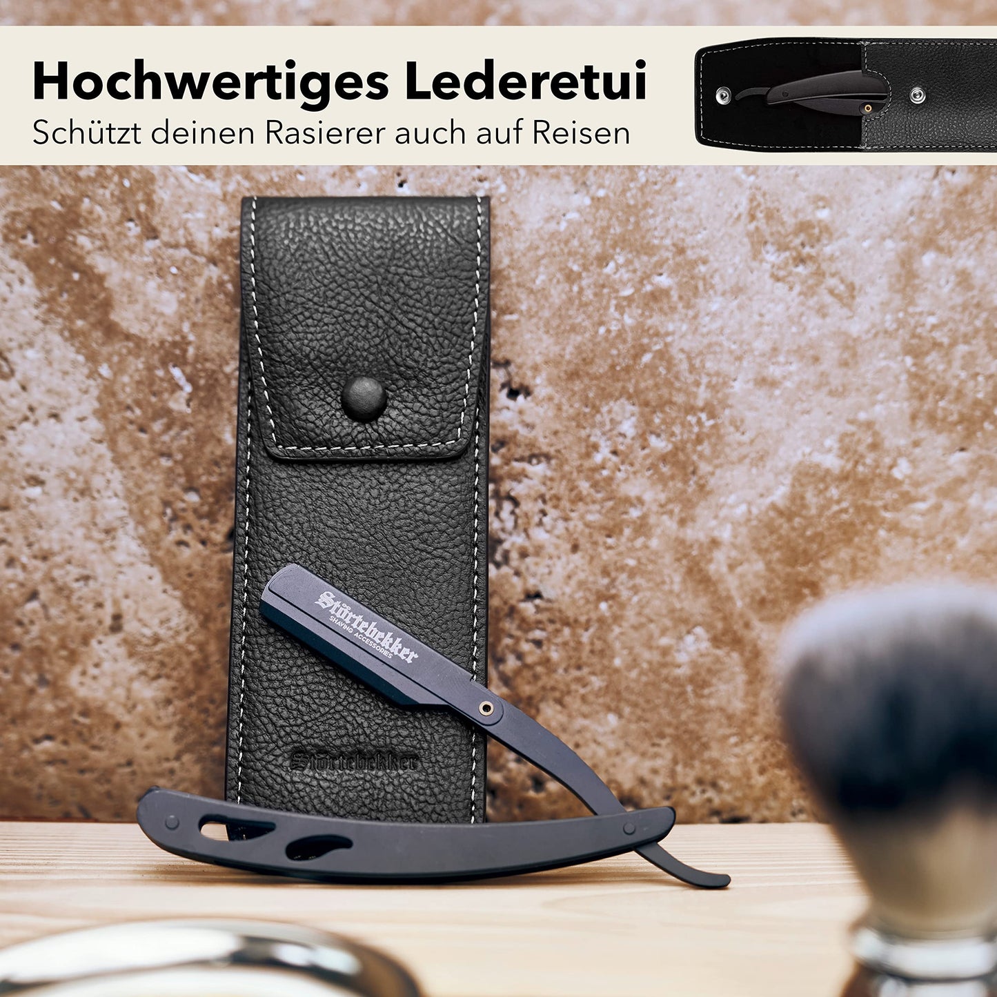 Störtebekker® Premium Straight Razor in handmade leather case + Alum stick - Straight Razor with shaving guide [10 Störtebekker blades] - Gift idea - Razor set - High-quality wet razor