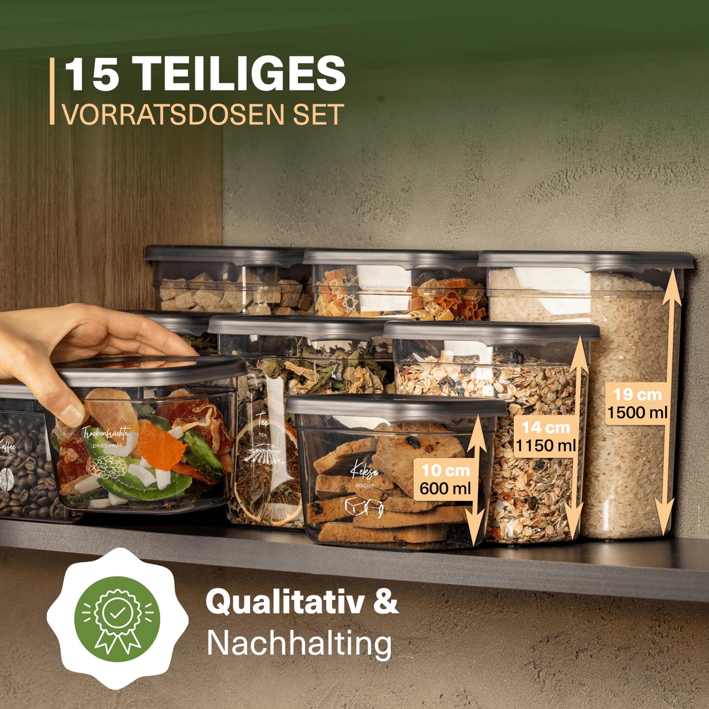 Viwares airtight storage containers with lids | 15-piece storage container set | BPA-FREE | For storing muesli, flour, and sugar | Practical kitchen storage box for all foods