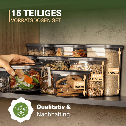 Viwares airtight storage containers with lids | 15-piece storage container set | BPA-FREE | For storing muesli, flour, and sugar | Practical kitchen storage box for all foods