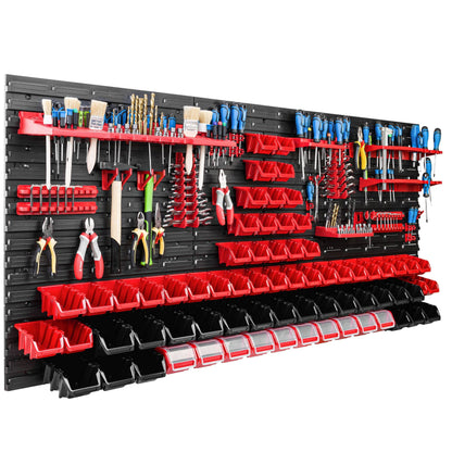 Storage system workshop shelf | 172 x 78 cm | 70 pcs. Box | Wall shelf with tool holders and stackable boxes - Wall panels Extra strong bins rack Tool hole wall storage shelf Garage shelf