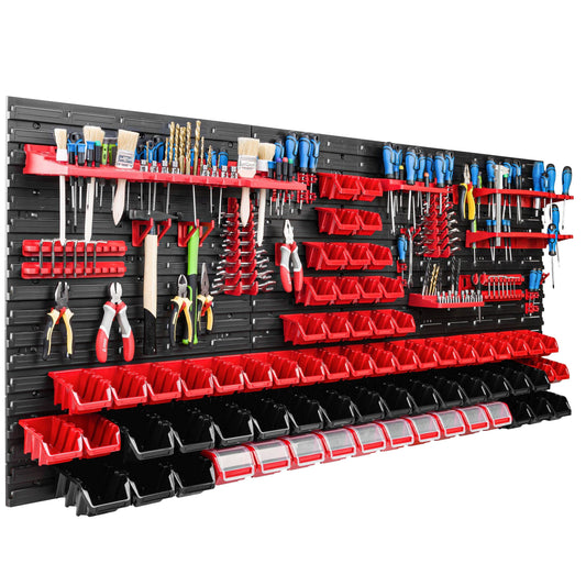 Storage system workshop shelf | 172 x 78 cm | 70 pcs. Box | Wall shelf with tool holders and stackable boxes - Wall panels Extra strong bins rack Tool hole wall storage shelf Garage shelf