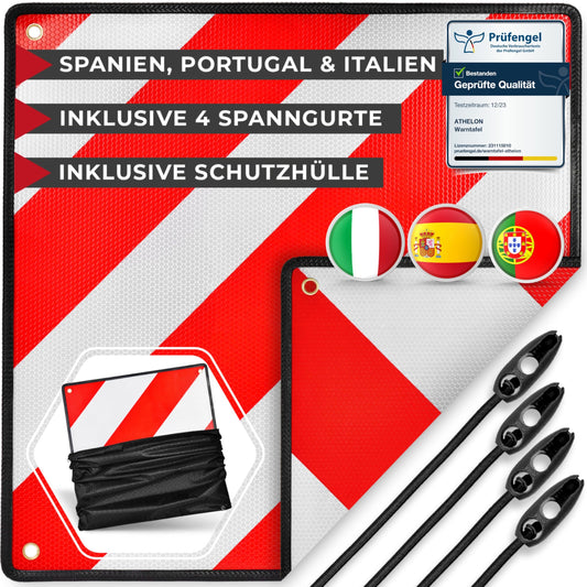 ATHELON® 3in1 warning sign for Italy, Spain & Portugal - Reflective warning sign including 4X tension straps & protective cover - High-quality warning sign Italy for bike carriers & motorhomes