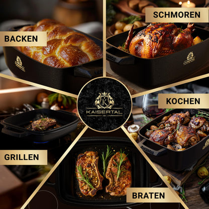 KAISERTAL cast iron roaster with lid ovenproof - 28cm stew pot with lid | Ovenproof, induction, indoor & outdoor | 7kg cast iron pot 6L - Cast Iron Pot for roasters & stew pots