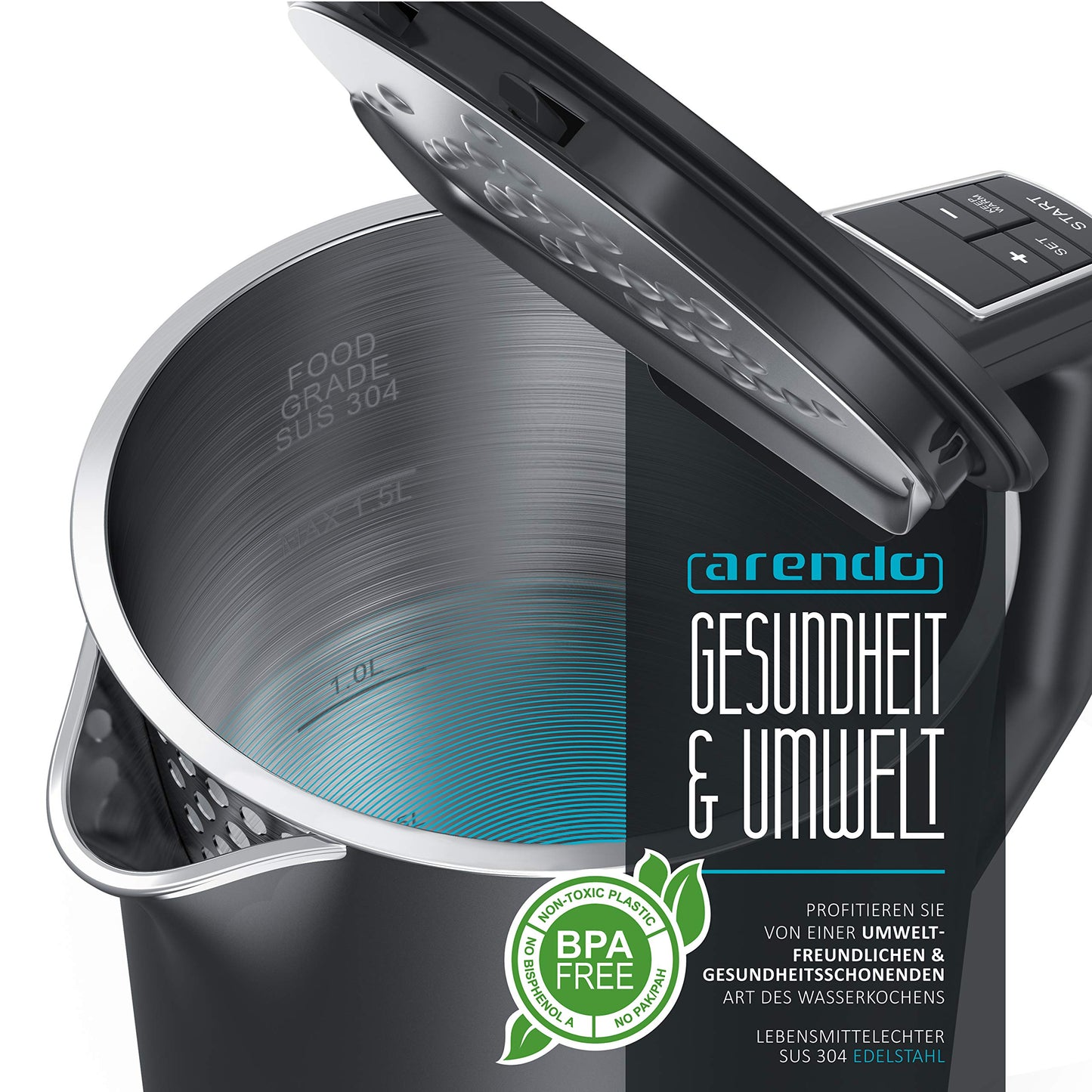 Arendo - Stainless Steel Kettle with Temperature Control 40-100 degrees in 5 degree increments - Double Wall Design - Model ELEGANT - 1.5 Liters - 2200 W - Tea Kettle with Temperature Display - GS - Cool Grey