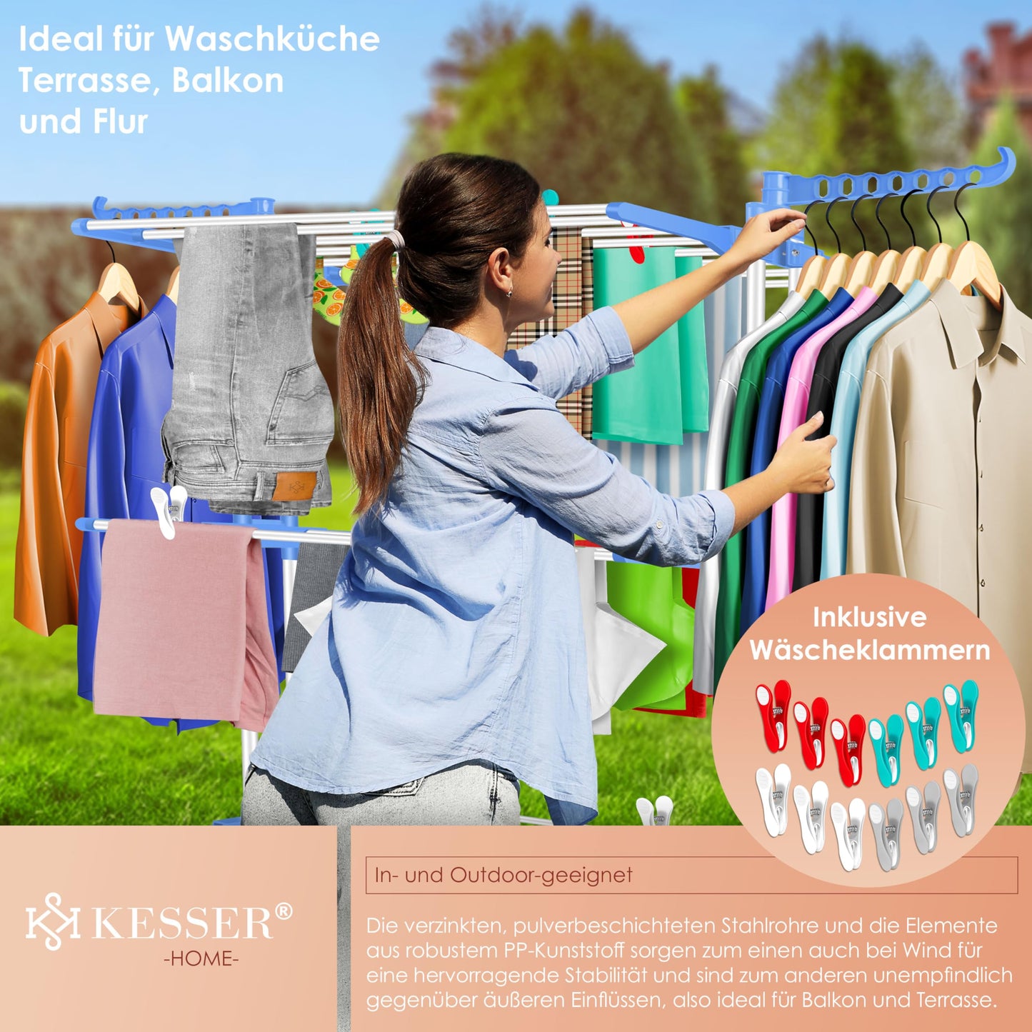 KESSER® Laundry Rack Tower with Wheels Space-saving clothes dryer for indoor & outdoor use 4 levels 2 swiveling side wings and 6 folding levels Standing dryer laundry tower Foldable, incl. Clamps