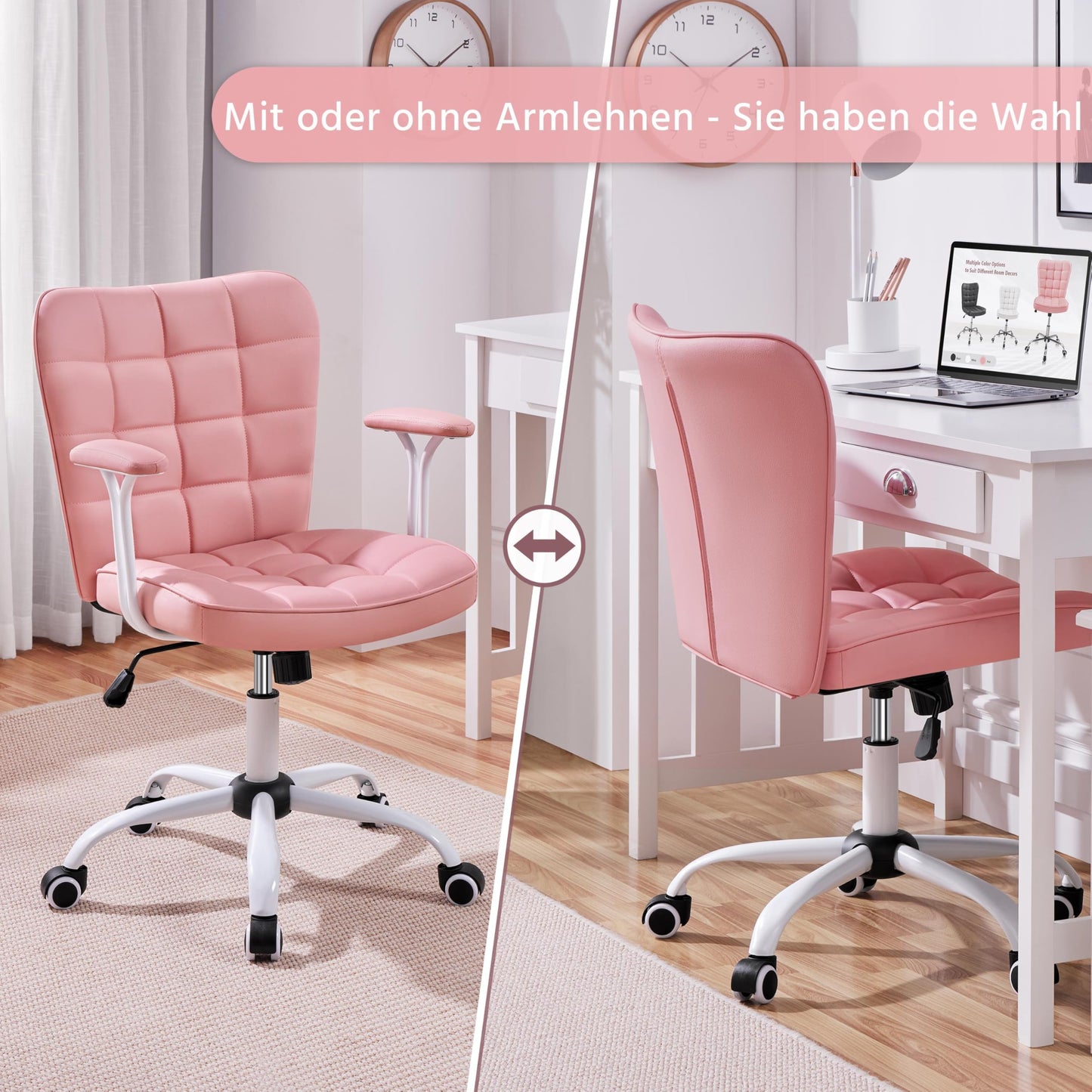 Yaheetech Homeoffice Chair Desk Chair Office Chair Work Chair made of artificial leather, swivel chair with soft armrests, height-adjustable padded chair computer chair with casters, pink