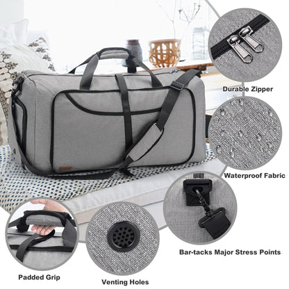 Vogshow Foldable Travel Duffel Bag, Weekender Overnight Bag Waterproof Duffle with Shoe Compartment for Men and Women (Gray, 80L)