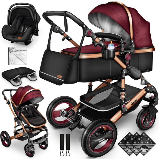 KIDUKU® 3 in 1 stroller XXL complete set | Combination stroller set including baby tub, buggy seat & car baby seat footmuff | Full rubber tires changing bag hand warmer rain cover children's table ECE R129