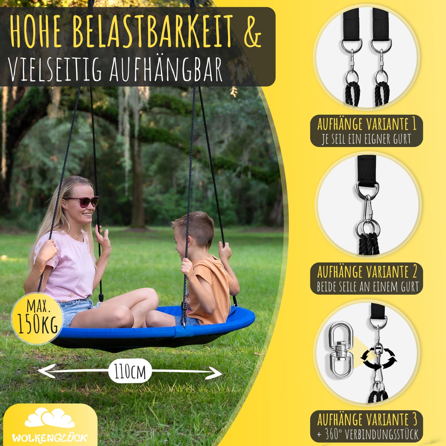 WOLKENGLÜCK® Nest Swing [Ø 110 cm] - Adjustable Height Swing for Outdoor & Indoor Use for Kids and Adults [up to 150 kg] - Includes Mounting Accessories - Kids Swing